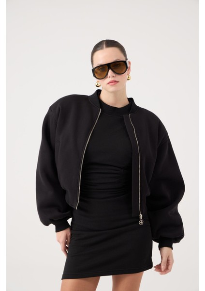 Crop Kesim Vatkalı Alexa Bomber Ceket Siyah modelleri