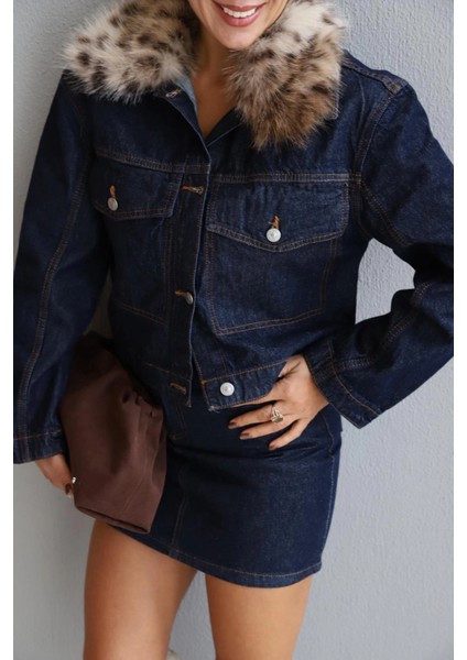 Lacivert Leopar Kürk Yaka Jean Ceket