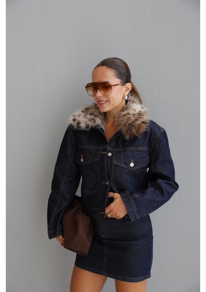 Lacivert Leopar Kürk Yaka Jean Ceket fiyatları