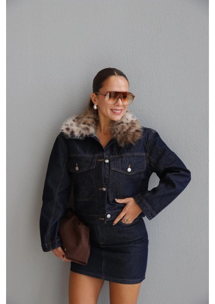 Lacivert Leopar Kürk Yaka Jean Ceket modelleri