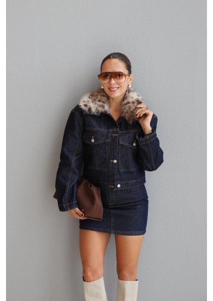 Lacivert Leopar Kürk Yaka Jean Ceket fırsatları