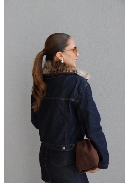 Lacivert Leopar Kürk Yaka Jean Ceket indirimleri