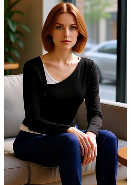 Kadın Esnek Örme Düğmeli Asimetrik Yaka Üst Uzun Kollu ve Vücuda Oturan Tasarım Kaliteli Şık