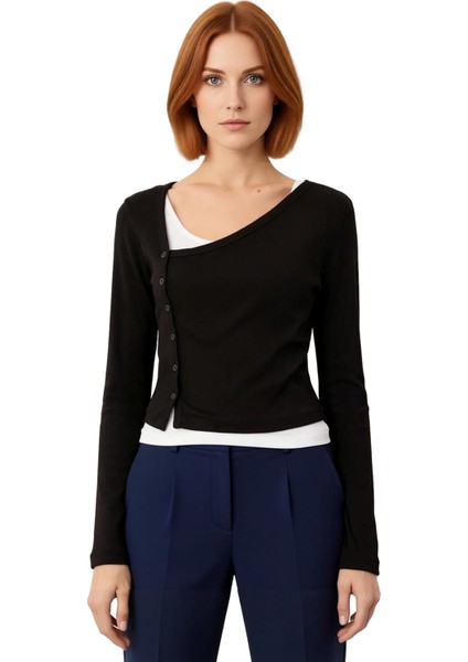 Kadın Esnek Örme Düğmeli Asimetrik Yaka Üst Uzun Kollu ve Vücuda Oturan Tasarım Kaliteli Şık fiyatları