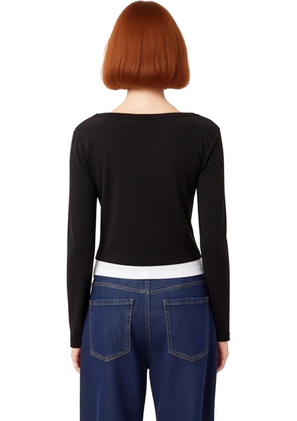 Kadın Esnek Örme Düğmeli Asimetrik Yaka Üst Uzun Kollu ve Vücuda Oturan Tasarım Kaliteli Şık modelleri