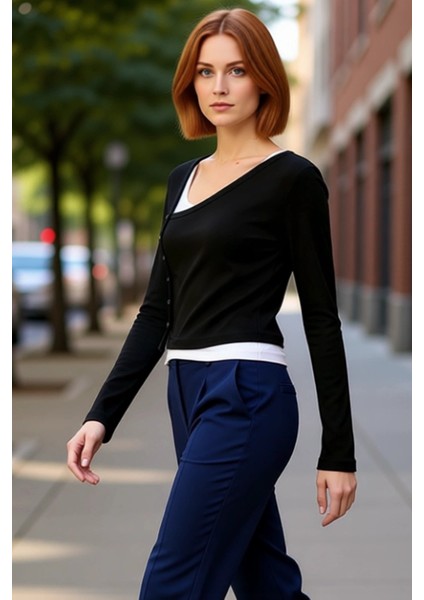 Kadın Esnek Örme Düğmeli Asimetrik Yaka Üst Uzun Kollu ve Vücuda Oturan Tasarım Kaliteli Şık fırsatları