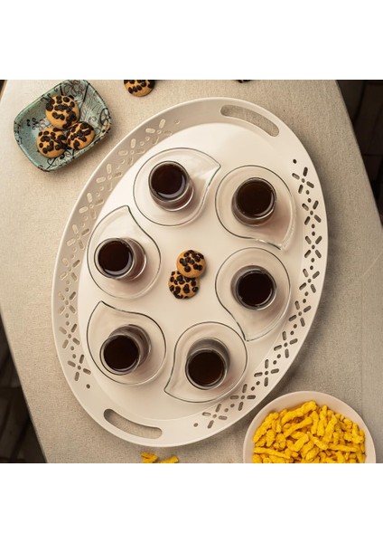 Metal Lalin Tepsi, Metal Tepsi, Servis Tepsisi, Romantik Tepsi, Büyük Tepsi, Çay Kahve Tepsisi Krem