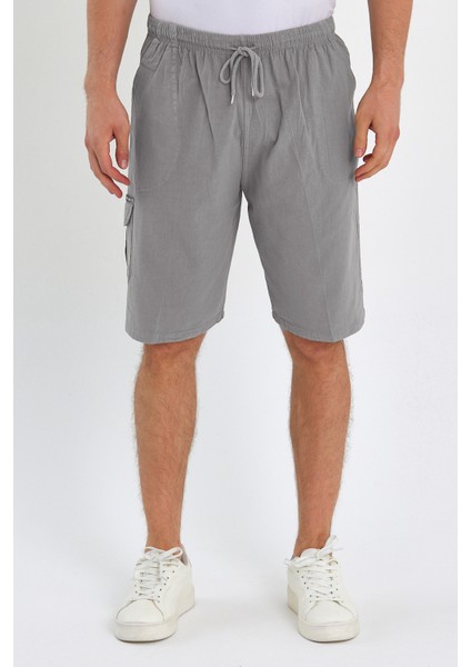 Yazlık Keten Görünümlü Kargo Cep Lastikli, Bol Kesim Toprak Renk Şort 201-6
