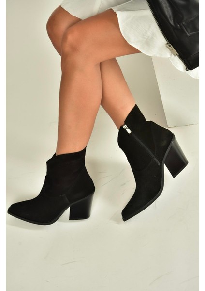 V654081902 Siyah Hakiki Deri Süet Kalın Topuklu Western Kovboy Kadın Bot