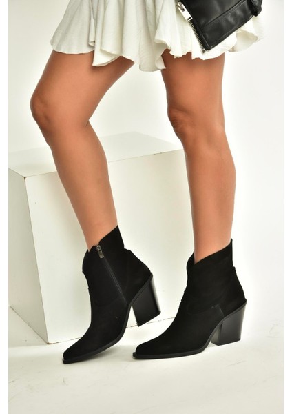 V654081902 Siyah Hakiki Deri Süet Kalın Topuklu Western Kovboy Kadın Bot fırsatları