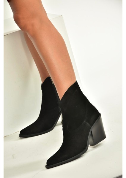 V654081902 Siyah Hakiki Deri Süet Kalın Topuklu Western Kovboy Kadın Bot indirimleri