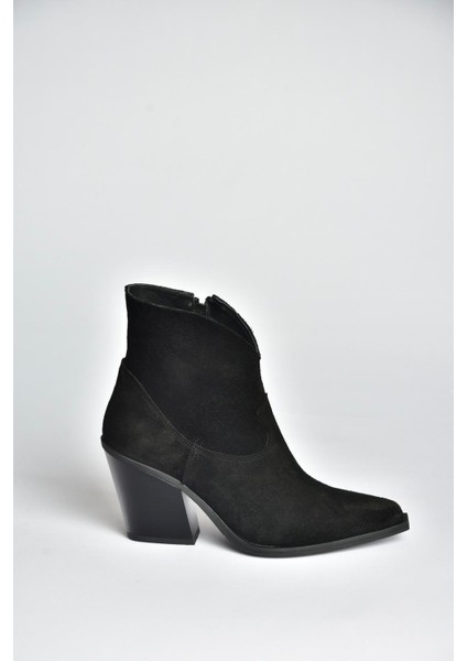 V654081902 Siyah Hakiki Deri Süet Kalın Topuklu Western Kovboy Kadın Bot