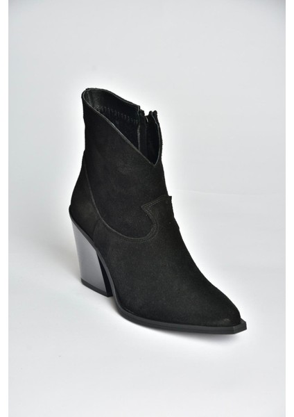 V654081902 Siyah Hakiki Deri Süet Kalın Topuklu Western Kovboy Kadın Bot