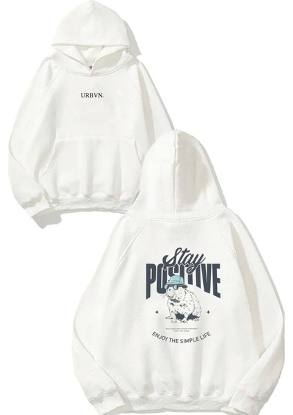 Positive Tasarım Baskılı Oversize Beyaz Kapüşonlu Sweatshirt