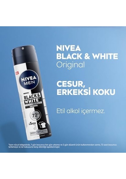 Nıvea Men Erkek Sprey Deodorant Black&white Invisible Original 150ML ve Mini Roll-On 25ML, 72 Saat Anti-Perspirant Koruma fiyatları