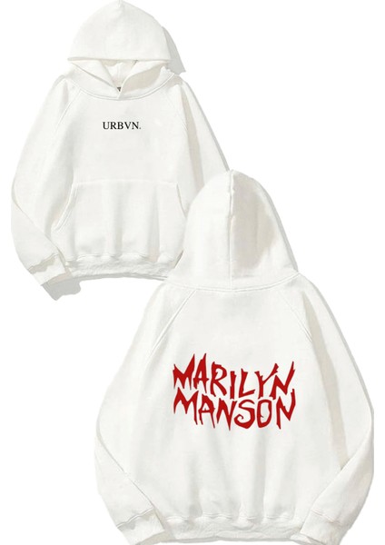Marilyn Manson Tasarım Baskılı Oversize Beyaz Kapüşonlu Sweatshirt