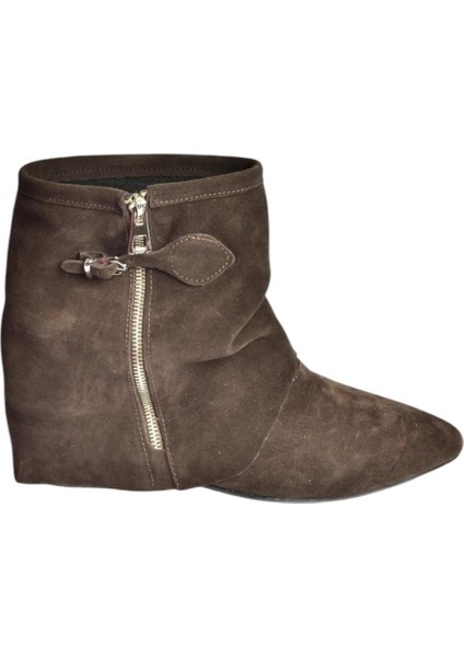 V380518102 Kahverengi Süet Düz Taban Fermuar Detaylı Kadın Bot