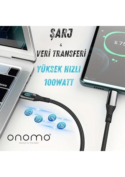100W Type-C Dijital Göstergeli Şarj ve Veri Kablosu, Örgülü, 1.2 Metre, Siyah modelleri