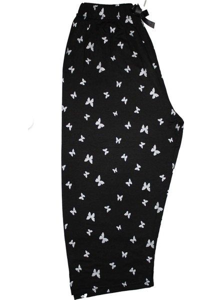 Yüksek Bel Kaliteli Yazlık Kapri Boy Büyük Beden Pijama Alt Bermuda - Kelebek Desenli