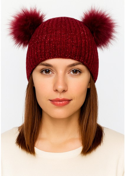 Simli Çift Ponponlu Kadın Örgü Bere Standart