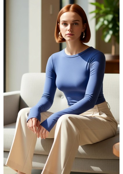 Kadın Moda Şık Üst Giyim Crop Bisiklet Yaka Slim Kalıp Örme Viskon Esnek Bluz