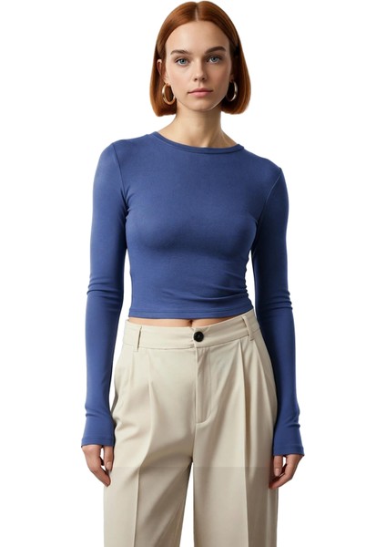 Kadın Moda Şık Üst Giyim Crop Bisiklet Yaka Slim Kalıp Örme Viskon Esnek Bluz fiyatları