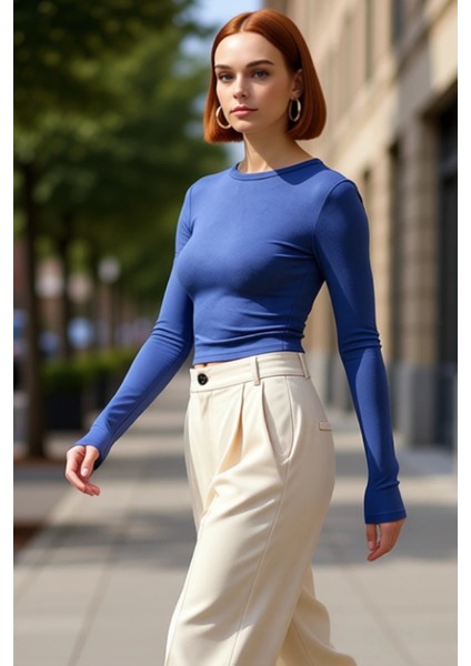 Kadın Moda Şık Üst Giyim Crop Bisiklet Yaka Slim Kalıp Örme Viskon Esnek Bluz fırsatları