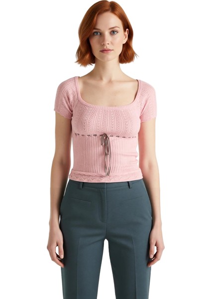 Kadınlar Için Kare Yaka Kısa Kollu Triko Bluz Ajurlu Detay ve Vücuda Oturan Crop Kesim Kaliteli fiyatları