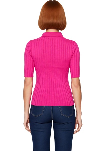 Kadın Akrilik Polo Yaka Kısa Kollu Fitilli Bluz Kaliteli Şık Rahat Modern Zarif Günlük fiyatları