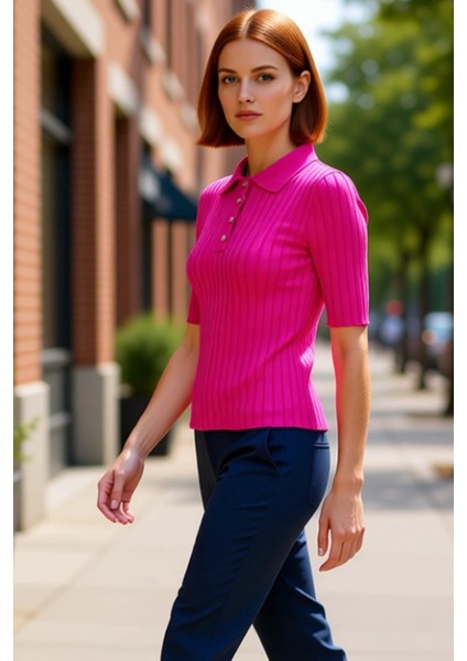 Kadın Akrilik Polo Yaka Kısa Kollu Fitilli Bluz Kaliteli Şık Rahat Modern Zarif Günlük modelleri