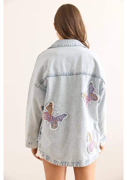 Ast 923 Kelebek Işleme Detaylı Oversize Kadın Kot Ceket Mavi