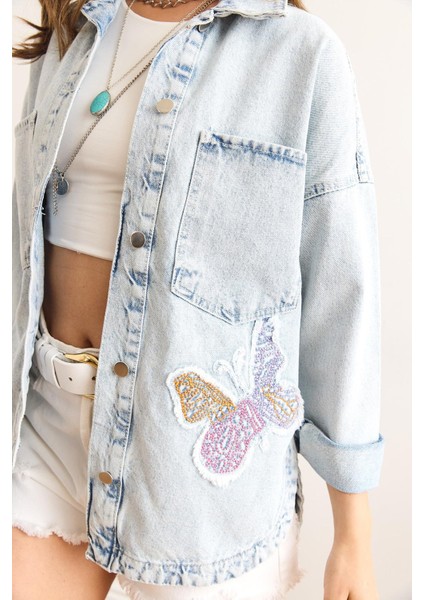 Ast 923 Kelebek Işleme Detaylı Oversize Kadın Kot Ceket Mavi fiyatları