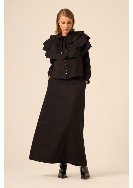 Bayan Süet Fırfırlı Takım Siyah 31247