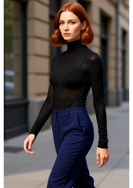 Kadın Uzun Kollu Dik Yaka Esnek Örme Üst Günlük Şıklık ve Konfor Kaliteli Şık Rahat