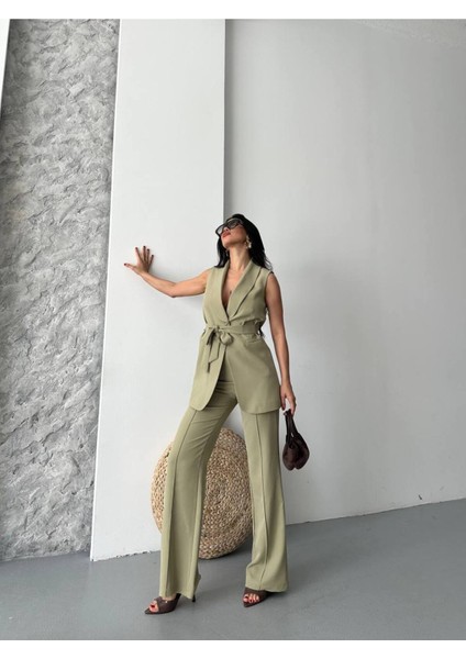 Kadın Şal Yaka Kuşaklı Yelekli Palazzo Pantolonlu Takım Elbise modelleri