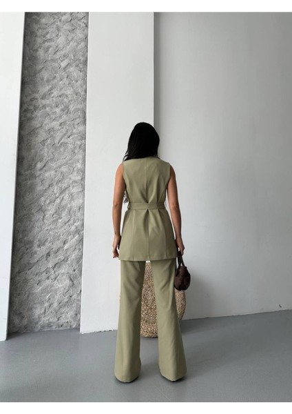 Kadın Şal Yaka Kuşaklı Yelekli Palazzo Pantolonlu Takım Elbise