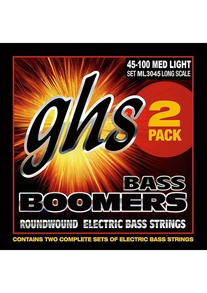 Bass Boomers - ML3045 - Bass String Set, 4-String, Medium Light, .045-.100, 2-Pack