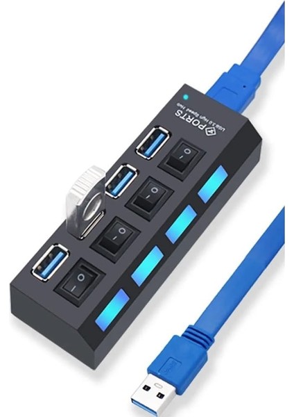 Wlue USB 3.0 Çoklayıcı Hub, 4 Port, Anahtarlı ve LED Işıklı, 50 cm Kablo