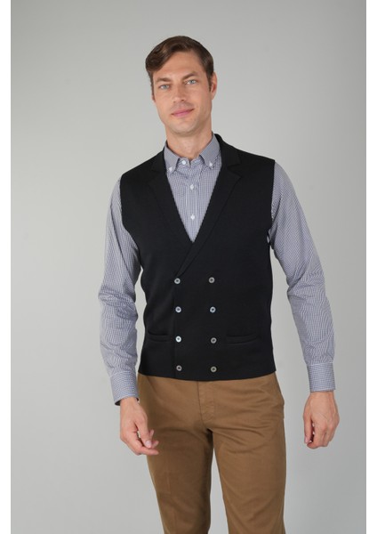 Siyah Kruvaze Yün Erkek Yelek TRYL24K24202_D99