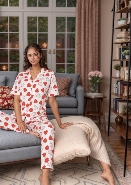 Kadın Kalpli Kırmızı ve Beyaz Renk Gömlek Pantolon Pijama Takımı