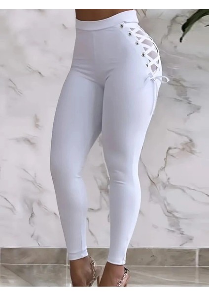 Kadın Yüksek Bel Çapraz Bağcıklı Tül Detaylı Dalgıç Tayt modelleri