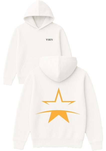 Altın Yıldız Tasarım Baskılı Oversize Beyaz Kapüşonlu Sweatshirt