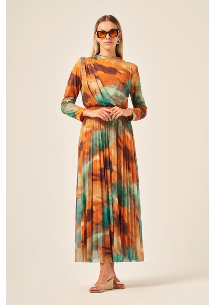 Kadın Likra Tül Elbise Hardal 30417