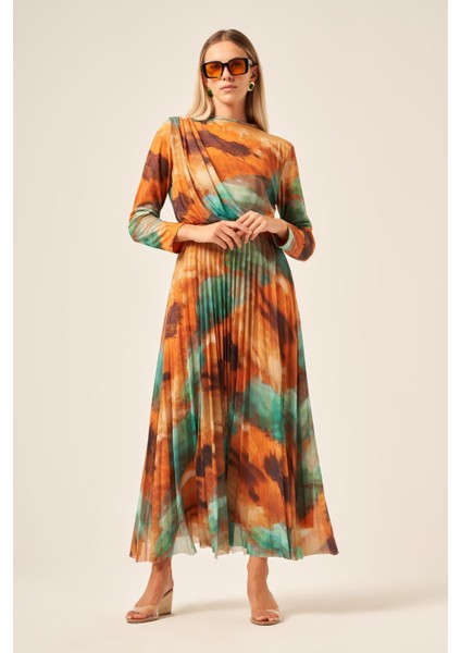 Kadın Likra Tül Elbise Hardal 30417 modelleri