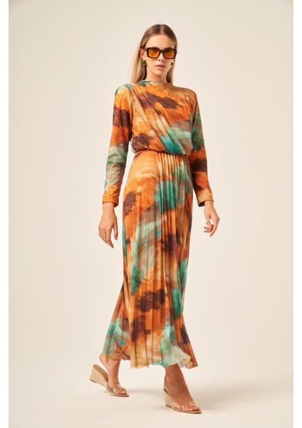 Kadın Likra Tül Elbise Hardal 30417 fırsatları