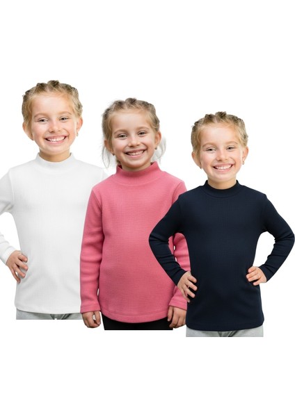 Kız & Erkek Çocuk 3'lü Siyah-Pembe-Beyaz Set Ince Kaşkorse Balıkçı Yaka Kazak -1 Bedenbüyükalınız