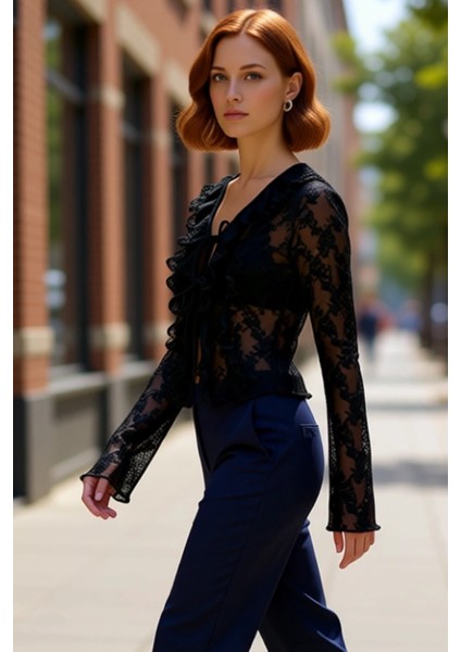 Kadın V Yaka Bağlama Detaylı Uzun Kollu Esnek Örme Bluz Kaliteli Şık Rahat Modern Zarif