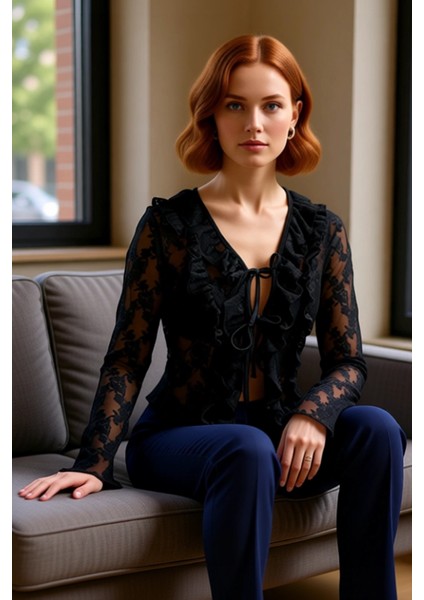 Kadın V Yaka Bağlama Detaylı Uzun Kollu Esnek Örme Bluz Kaliteli Şık Rahat Modern Zarif fiyatları