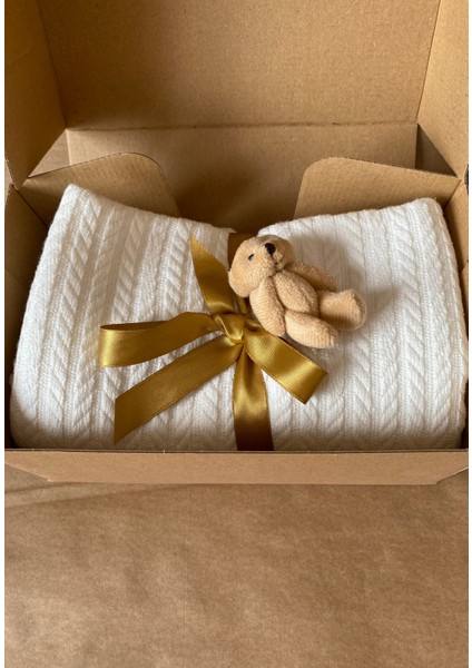 Triko Örgü Desen Bebek Pikesi Organik Pamuk Bebek Battaniyesi Ekru 100X120 cm