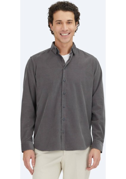 Gri Çizgili Regular Fit Dokuma Kadife Casual %100 Pamuk Gömlek